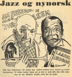 Illustrasjon av eit tenkt møte mellom Ivar Aasen og jazzmusikaren Louis Armstrong frå framsida av Aporpos nr. 2 1965. Ukjend teiknar.