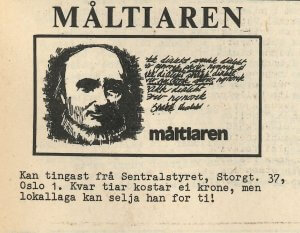 Illustrasjon på pengeinnsamlingsaksjonen Måltiaren frå side elleve i Målfront nr. 5 1977. Ukjend formgjevar.